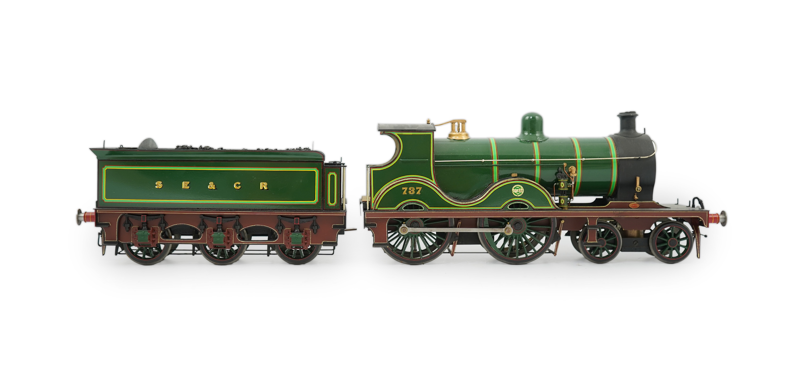 A Gauge One Cherry Scale Models No.70 South East and Chatham Railway D Class, 737, 4-4-0 tender locomotive, powered for two rail operation.
